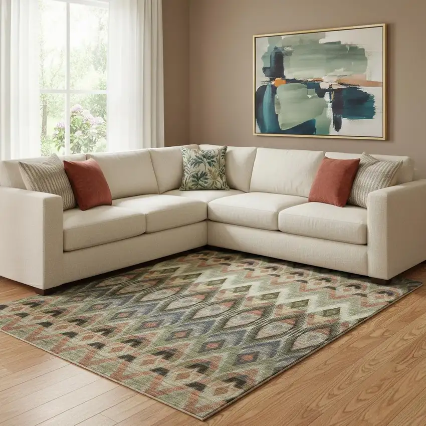 Taupe Olive Green And Beige Southwestern Washable Area Rug With UV Protection Photo 3