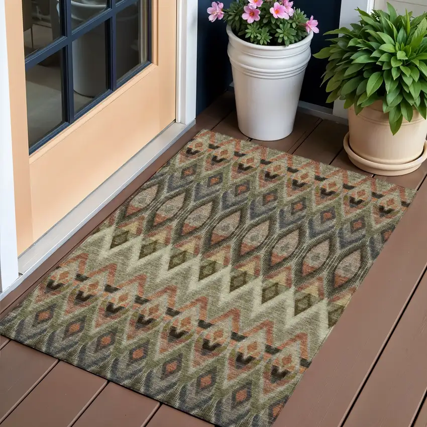 Taupe Olive Green And Beige Southwestern Washable Indoor Outdoor Area Rug Photo 1