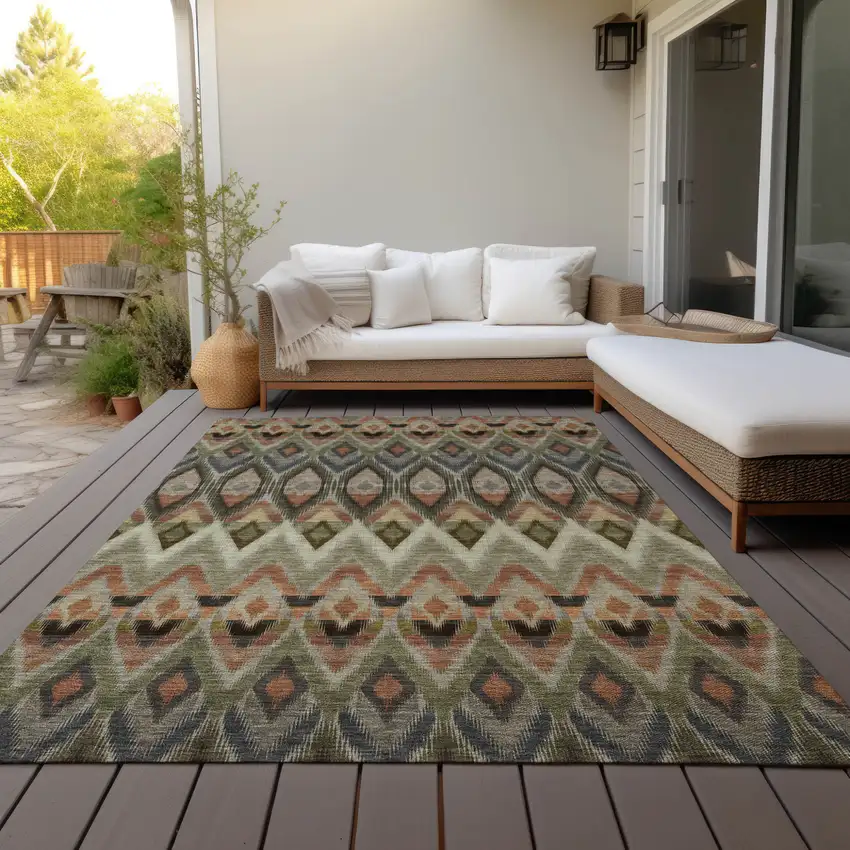 Taupe Olive Green And Beige Southwestern Washable Indoor Outdoor Area Rug Photo 9