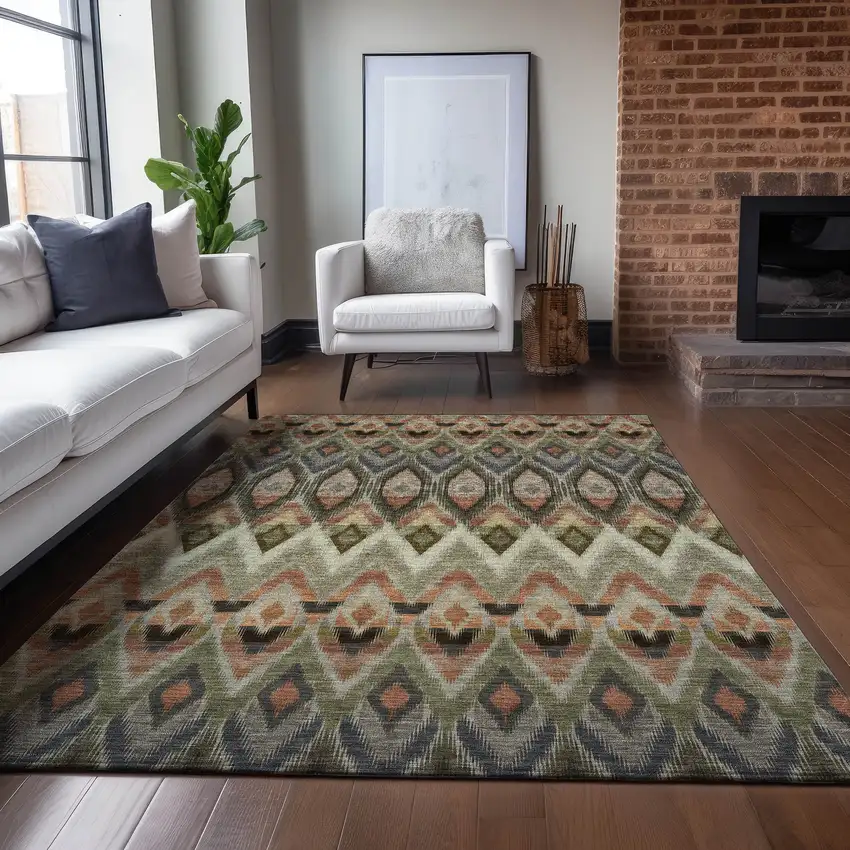 Taupe Olive Green And Beige Southwestern Washable Indoor Outdoor Area Rug Photo 8