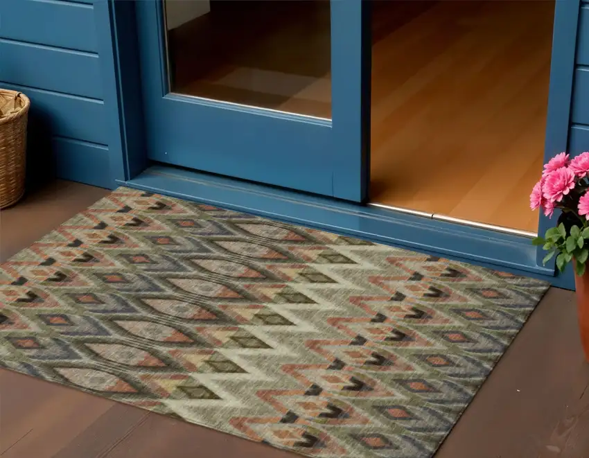 Taupe Olive Green And Beige Southwestern Washable Indoor Outdoor Area Rug Photo 1