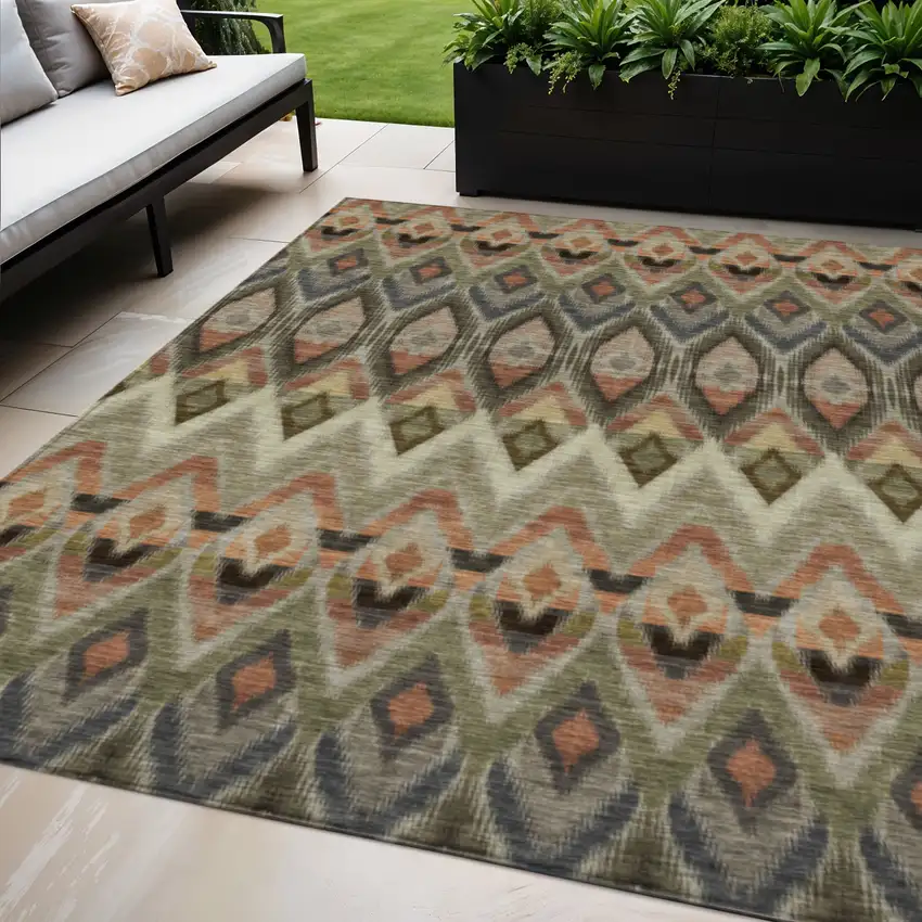 Taupe Olive Green And Beige Southwestern Washable Indoor Outdoor Area Rug Photo 1