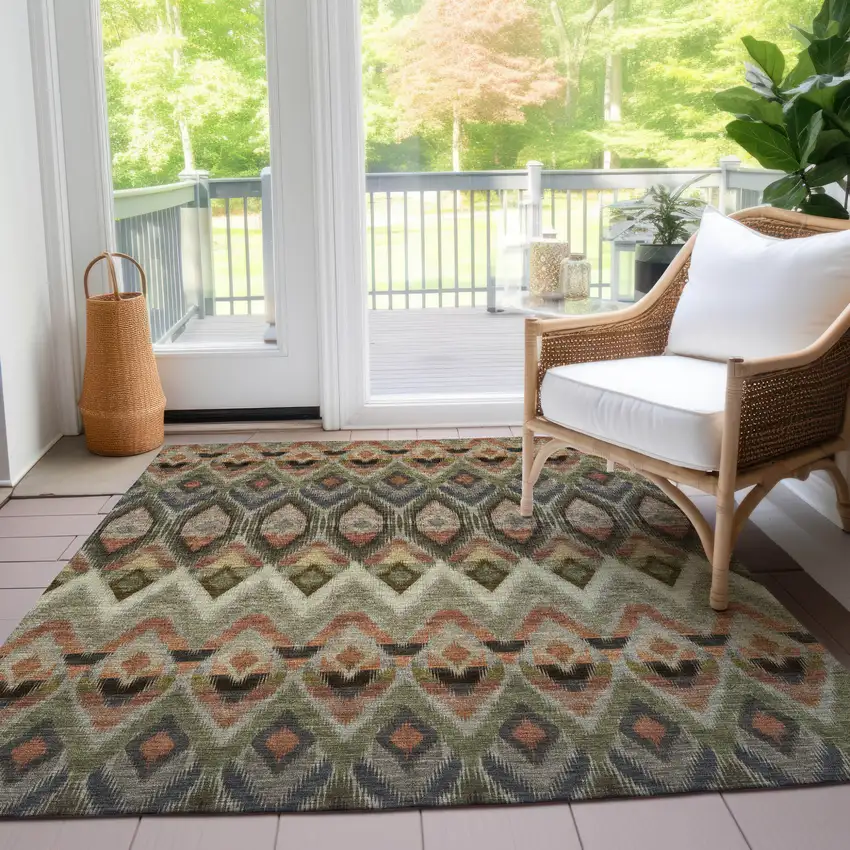 Taupe Olive Green And Beige Southwestern Washable Indoor Outdoor Area Rug Photo 9