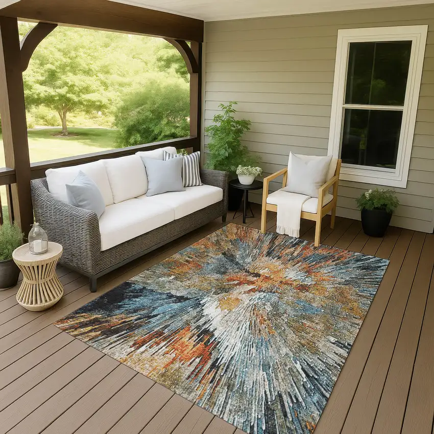 Taupe Orange And Ivory Abstract Washable Indoor Outdoor Area Rug Photo 6