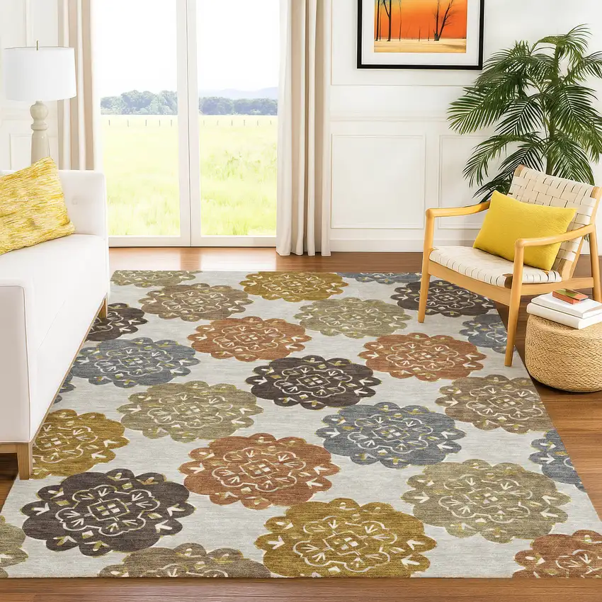 Taupe Orange And Ivory Quatrefoil Washable Indoor Outdoor Area Rug Photo 9