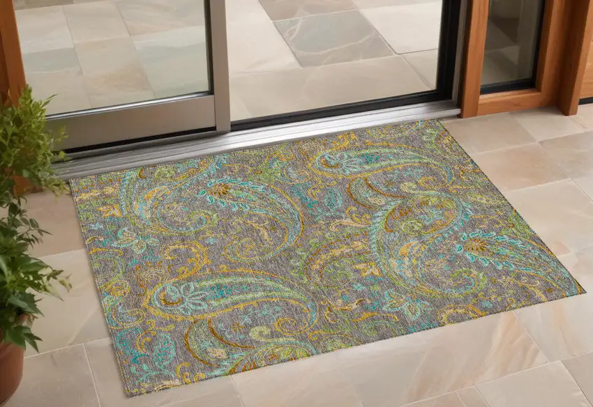 Taupe Paisley Washable Non Skid Indoor Outdoor Area Rug Photo 1