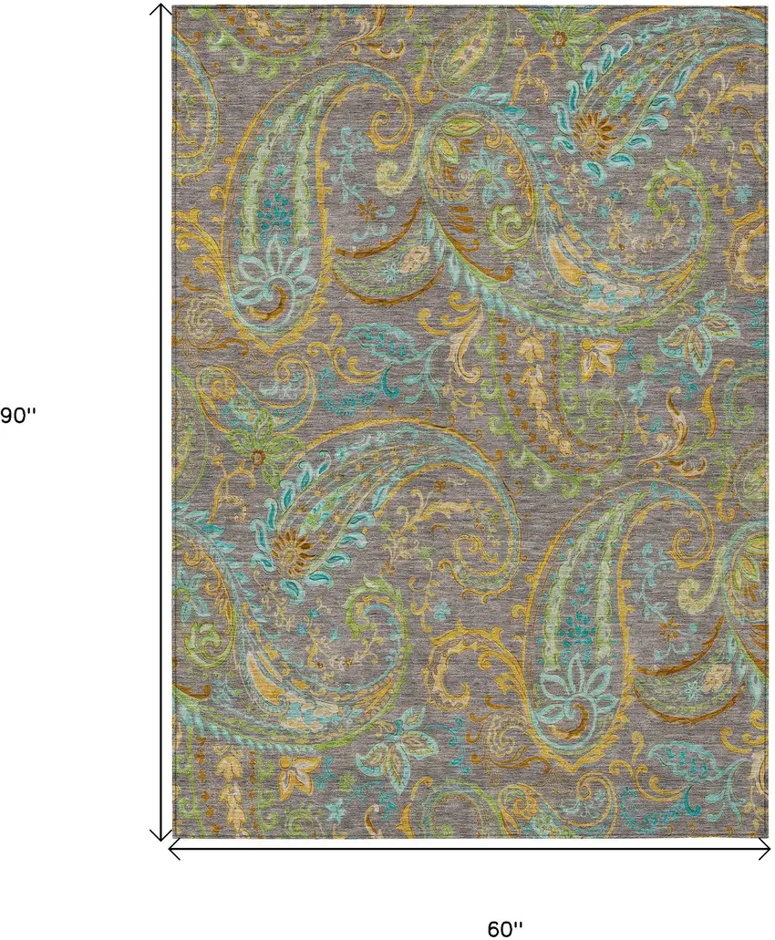 Taupe Paisley Washable Non Skid Indoor Outdoor Area Rug Photo 3