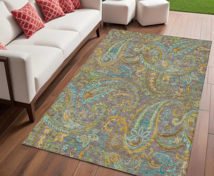 Taupe Paisley Washable Non Skid Indoor Outdoor Area Rug Photo 1