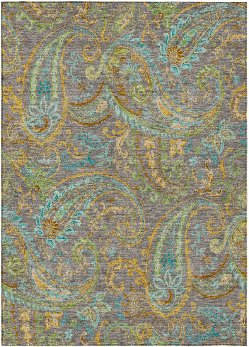 Taupe Paisley Washable Non Skid Indoor Outdoor Area Rug Photo 2