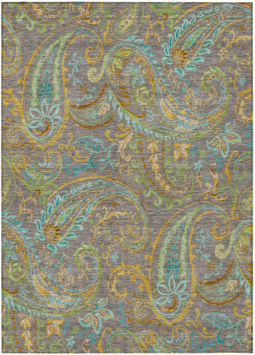 Taupe Paisley Washable Non Skid Indoor Outdoor Area Rug Photo 2
