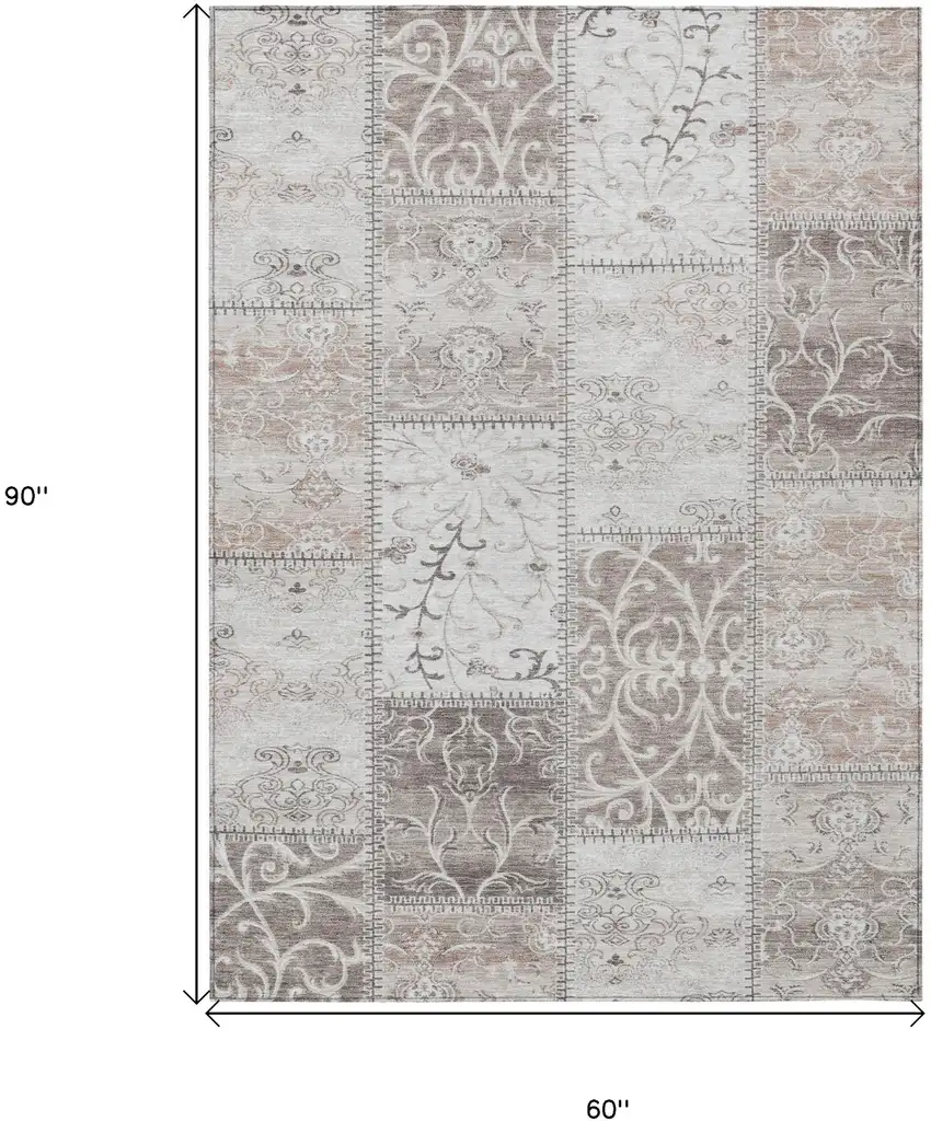 Taupe Patchwork Washable Non Skid Area Rug With UV Protection Photo 3