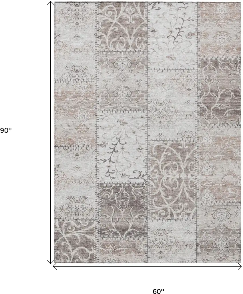 Taupe Patchwork Washable Non Skid Area Rug With UV Protection Photo 3