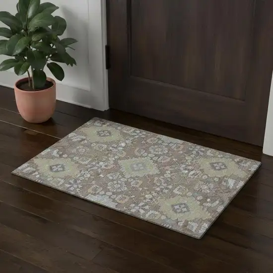 Taupe Peach And Artichoke Green Oriental Washable Area Rug With UV Protection Photo 1