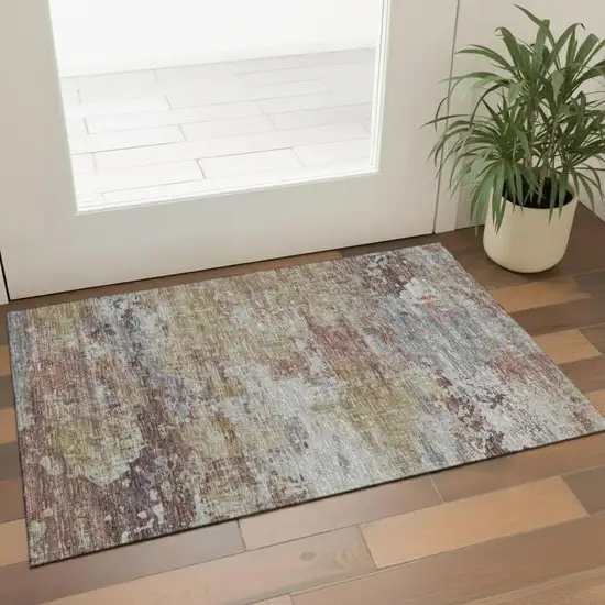 Taupe Peach And Artichoke Green Oriental Washable Area Rug With UV Protection Photo 2