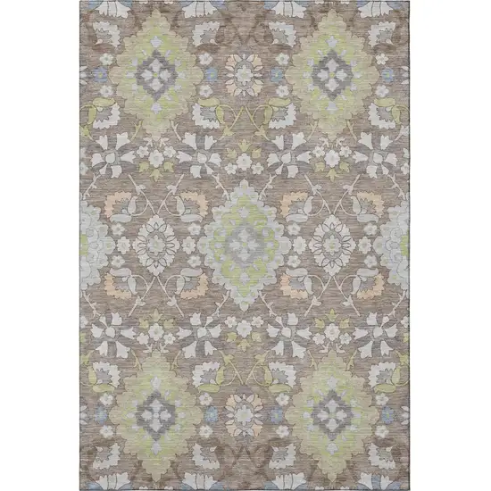 Taupe Peach And Artichoke Green Oriental Washable Area Rug With UV Protection Photo 3