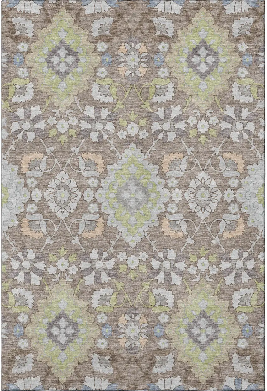 Taupe Peach And Artichoke Green Oriental Washable Area Rug With UV Protection Photo 3
