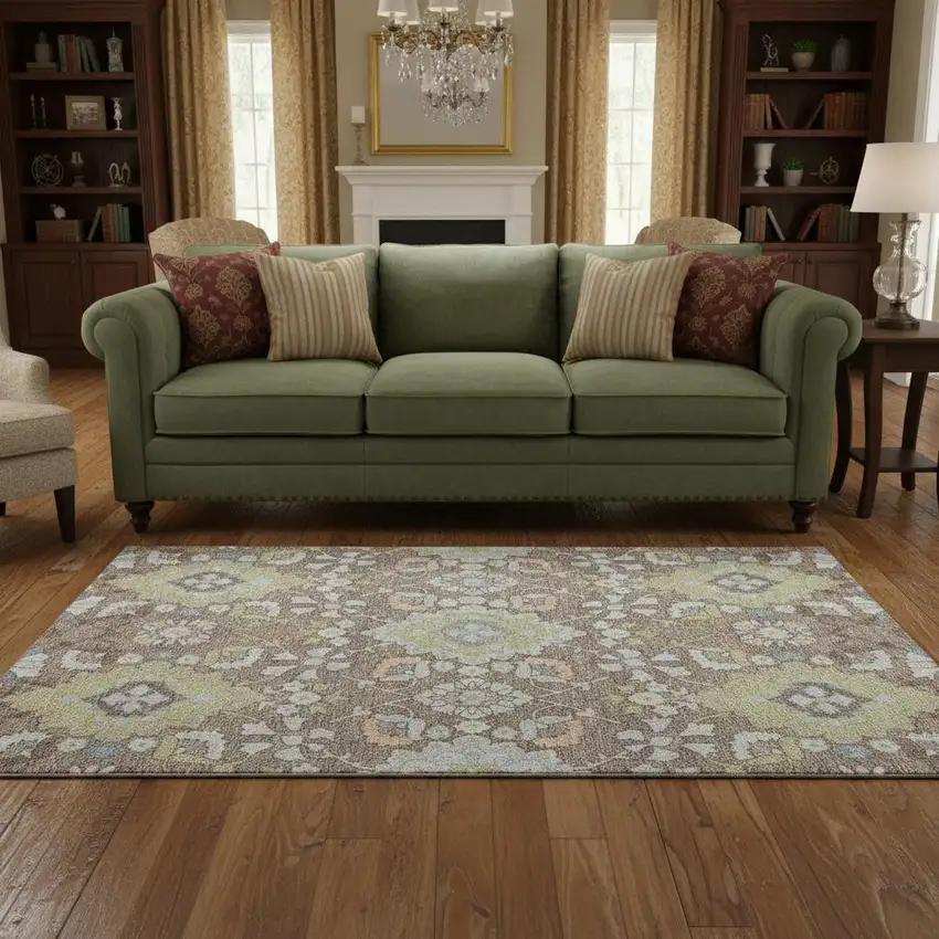 Taupe Peach And Artichoke Green Oriental Washable Area Rug With UV Protection Photo 2