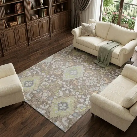 Taupe Peach And Artichoke Green Oriental Washable Area Rug With UV Protection Photo 1