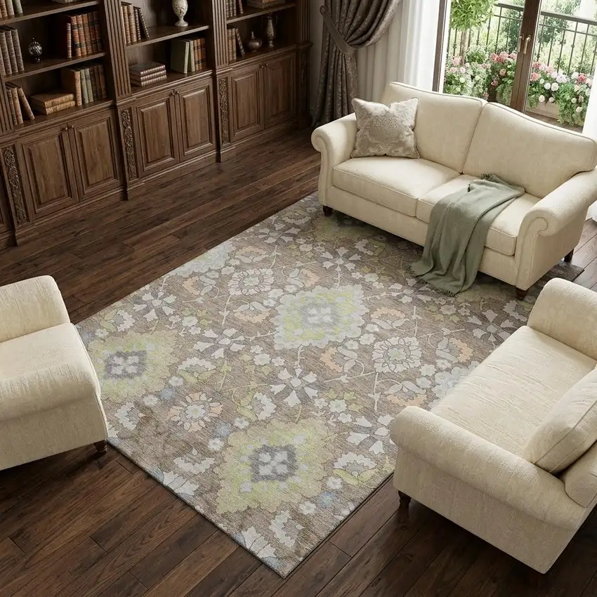 Taupe Peach And Artichoke Green Oriental Washable Area Rug With UV Protection Photo 1