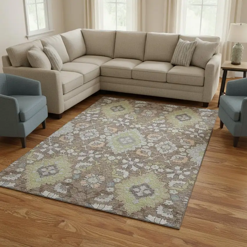 Taupe Peach And Artichoke Green Oriental Washable Area Rug With UV Protection Photo 2