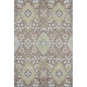 Photo of Taupe Peach And Artichoke Green Oriental Washable Area Rug With UV Protection