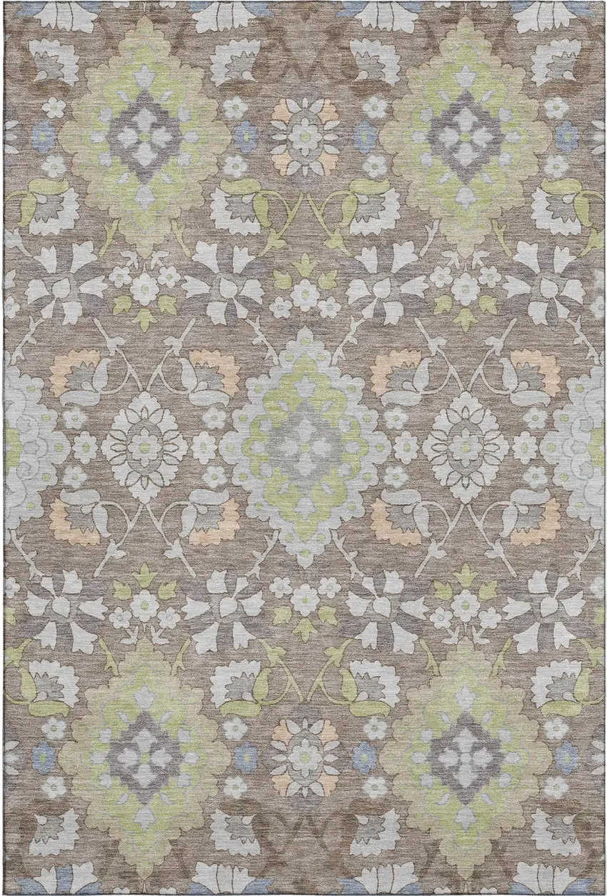 Taupe Peach And Artichoke Green Oriental Washable Area Rug With UV Protection Photo 1