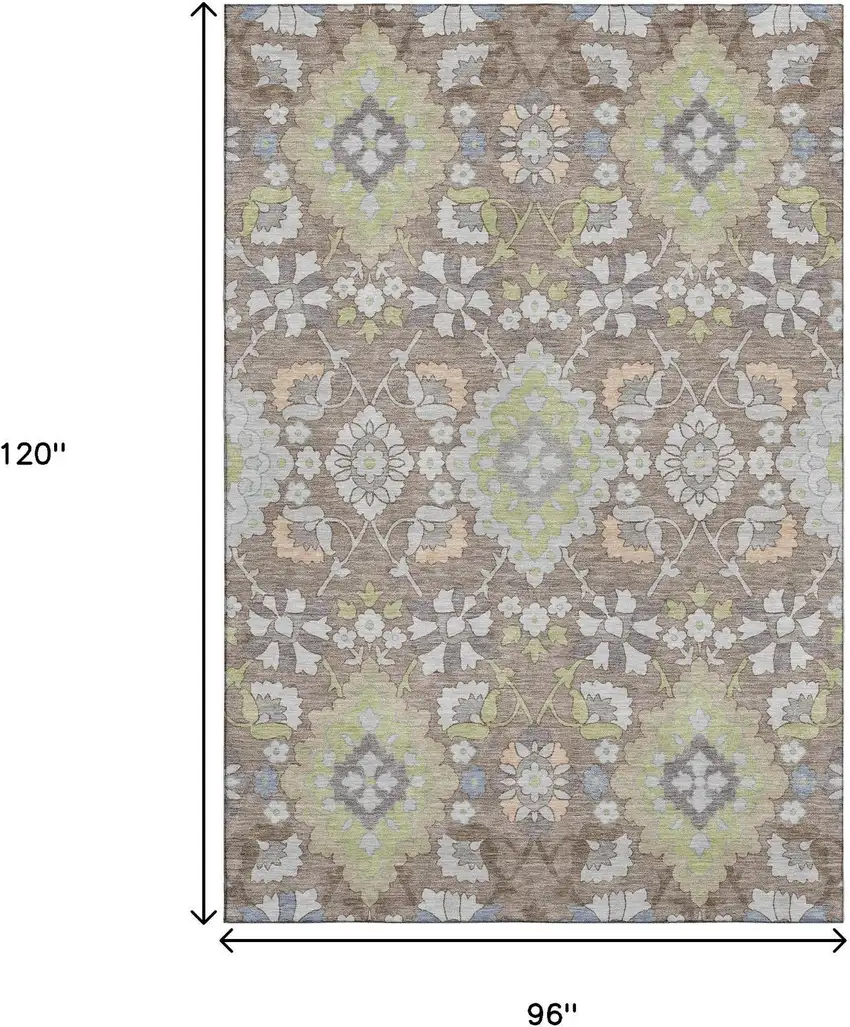 Taupe Peach And Artichoke Green Oriental Washable Area Rug With UV Protection Photo 7