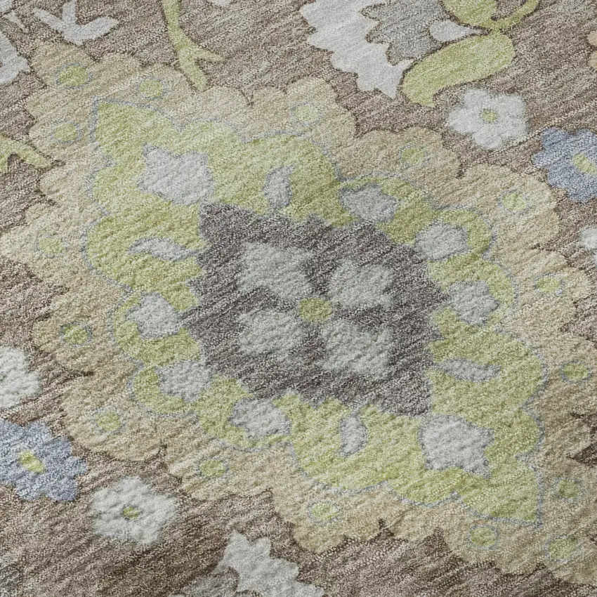Taupe Peach And Artichoke Green Oriental Washable Area Rug With UV Protection Photo 6