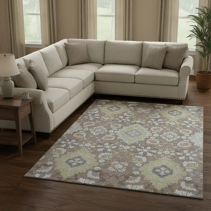 Taupe Peach And Artichoke Green Oriental Washable Area Rug With UV Protection Photo 2