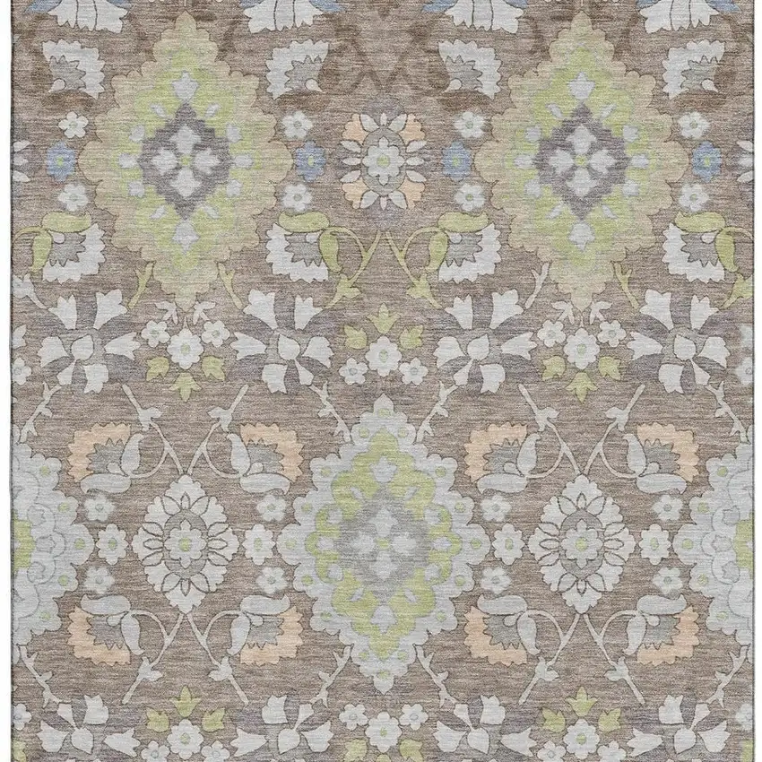 Taupe Peach And Artichoke Green Oriental Washable Area Rug With UV Protection Photo 2
