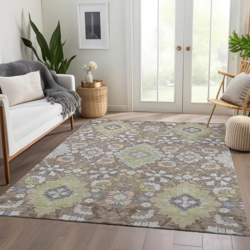 Taupe Peach And Artichoke Green Oriental Washable Area Rug With UV Protection Photo 5
