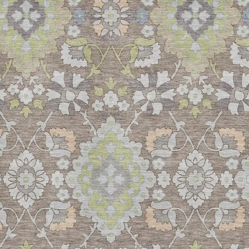 Taupe Peach And Artichoke Green Oriental Washable Area Rug With UV Protection Photo 2