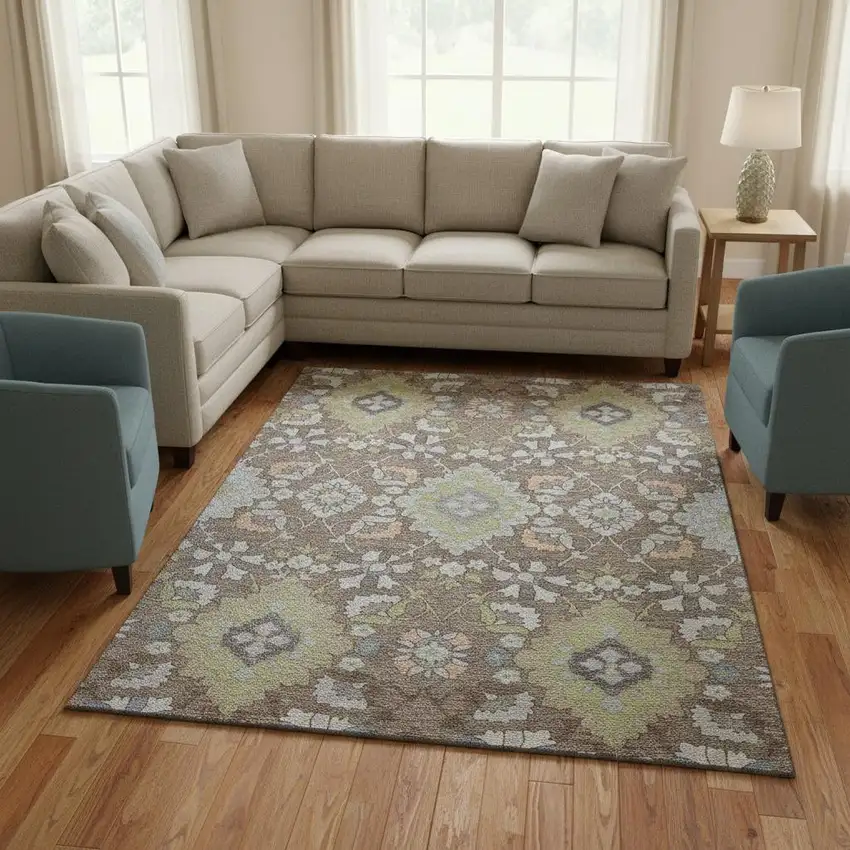 Taupe Peach And Artichoke Green Oriental Washable Area Rug With UV Protection Photo 2