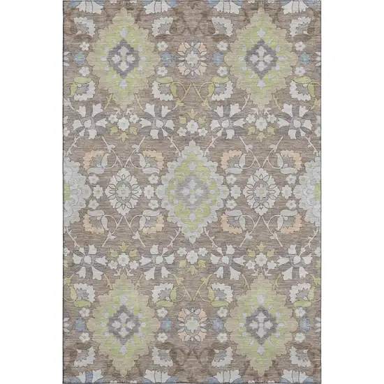 Taupe Peach And Artichoke Green Oriental Washable Area Rug With UV Protection Photo 1