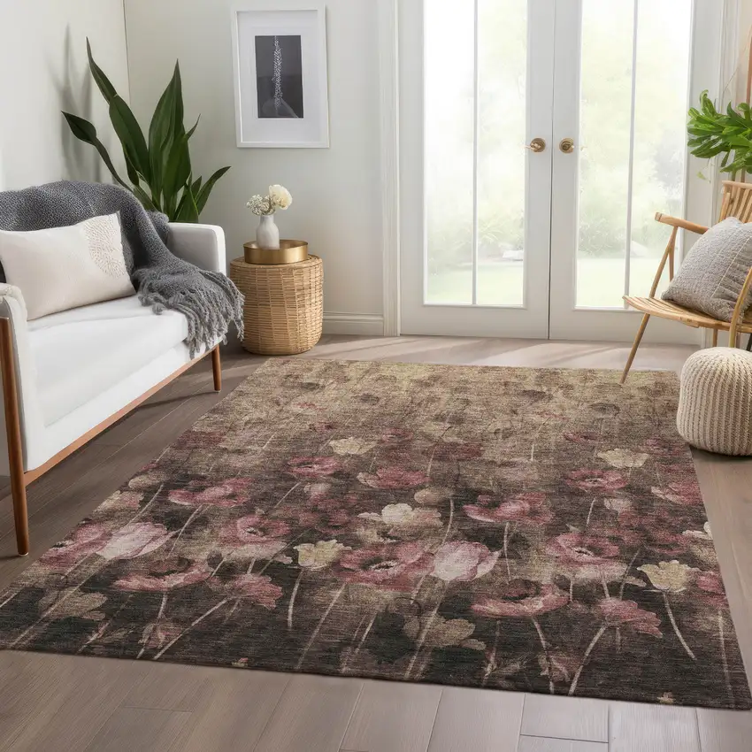Taupe Pink And Beige Floral Washable Area Rug With UV Protection Photo 4