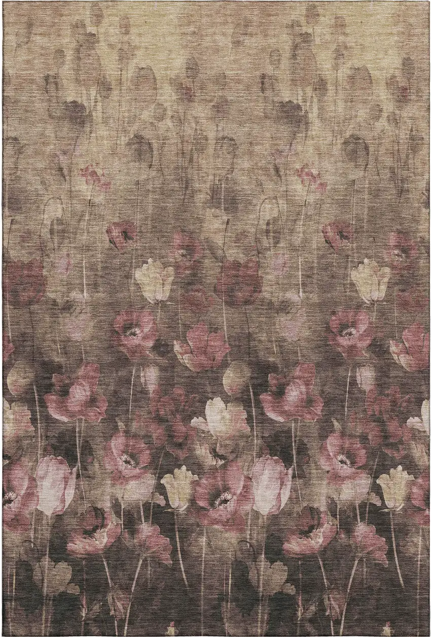 Taupe Pink And Beige Floral Washable Area Rug With UV Protection Photo 1
