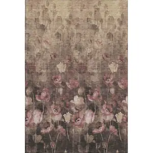 Photo of Taupe Pink And Beige Floral Washable Area Rug With UV Protection