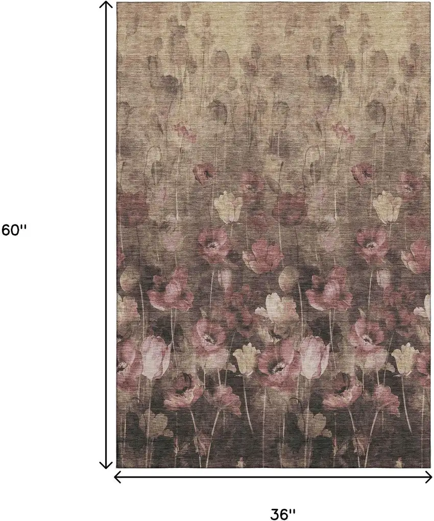 Taupe Pink And Beige Floral Washable Area Rug With UV Protection Photo 9