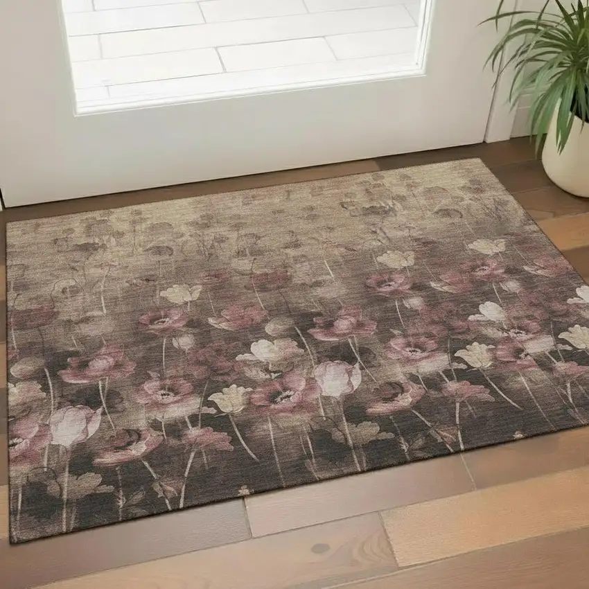 Taupe Pink And Beige Floral Washable Area Rug With UV Protection Photo 2