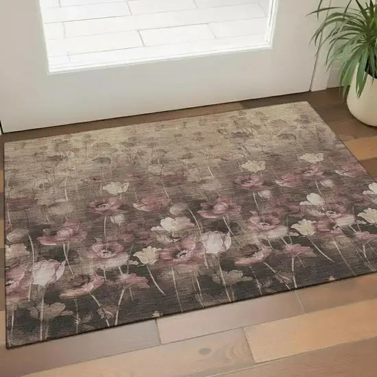 Taupe Pink And Beige Floral Washable Area Rug With UV Protection Photo 2