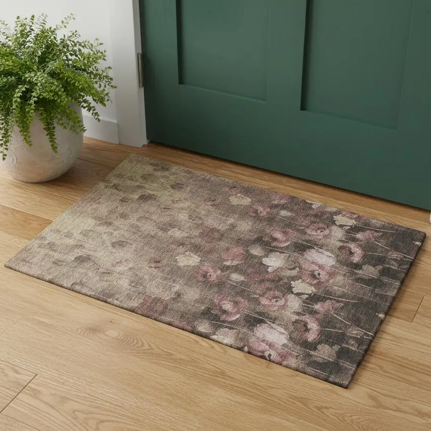 Taupe Pink And Beige Floral Washable Area Rug With UV Protection Photo 1