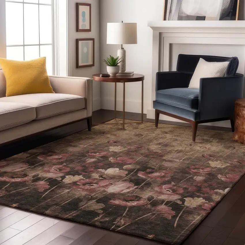 Taupe Pink And Beige Floral Washable Area Rug With UV Protection Photo 3