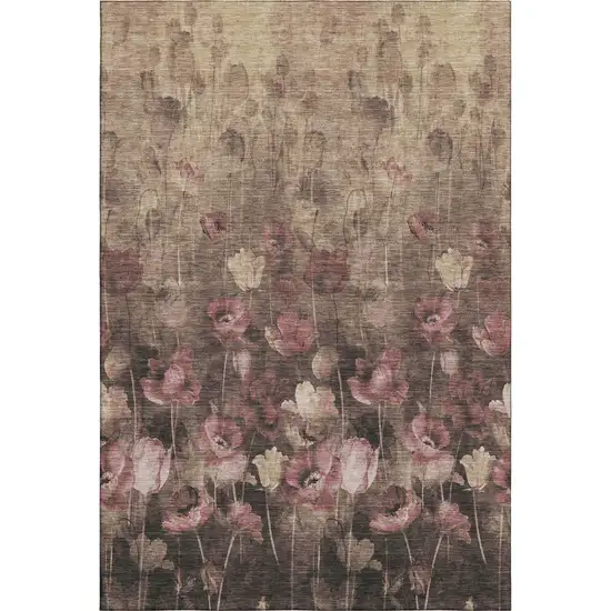 Taupe Pink And Beige Floral Washable Area Rug With UV Protection Photo 1