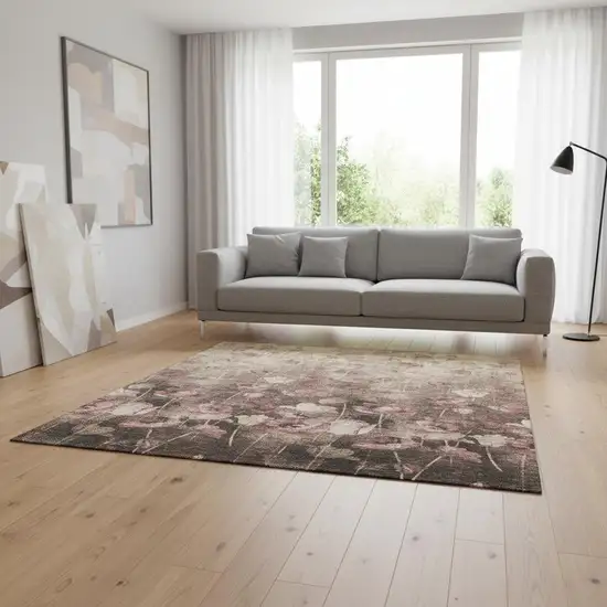 Taupe Pink And Beige Floral Washable Area Rug With UV Protection Photo 2