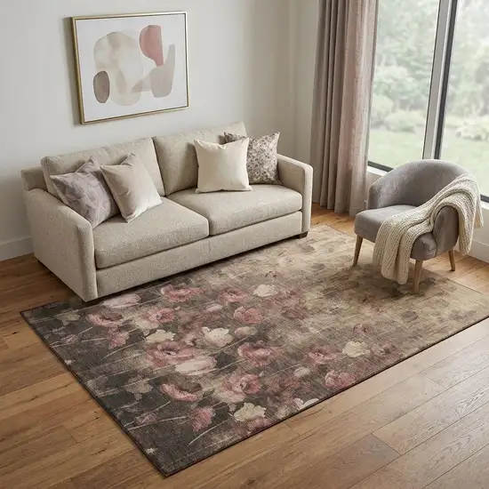 Taupe Pink And Beige Floral Washable Area Rug With UV Protection Photo 1
