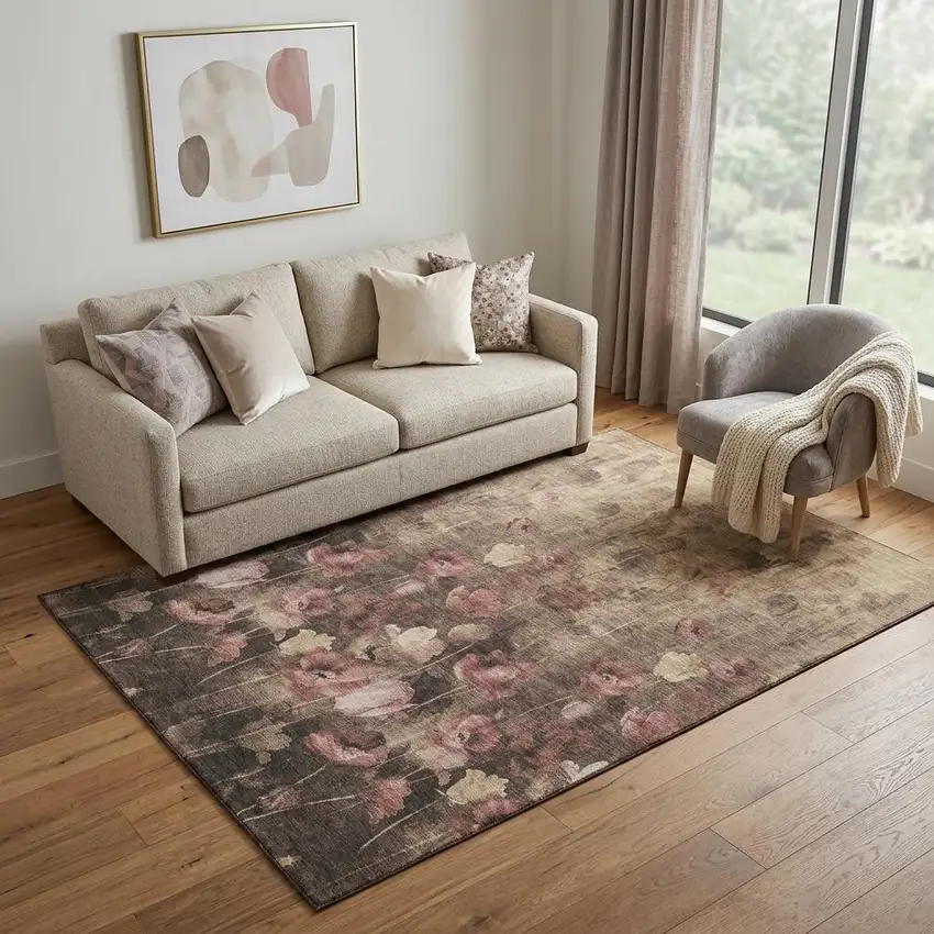 Taupe Pink And Beige Floral Washable Area Rug With UV Protection Photo 1