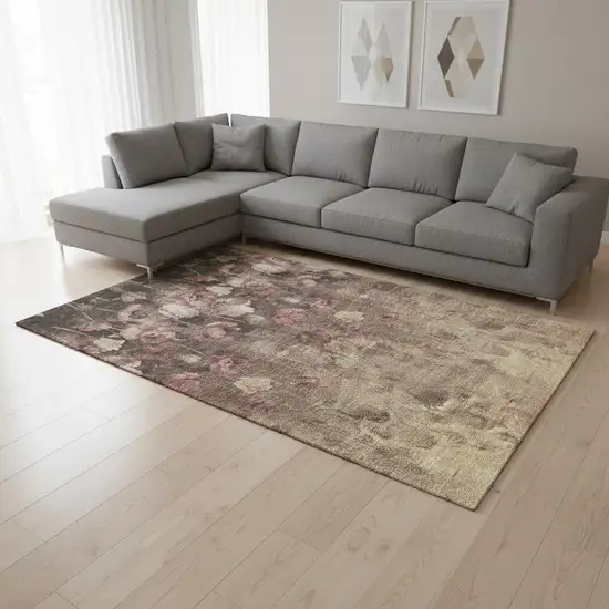 Taupe Pink And Beige Floral Washable Area Rug With UV Protection Photo 2