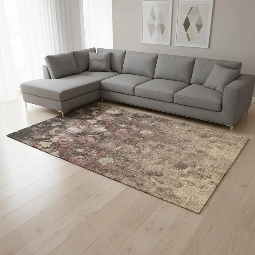 Taupe Pink And Beige Floral Washable Area Rug With UV Protection Photo 2