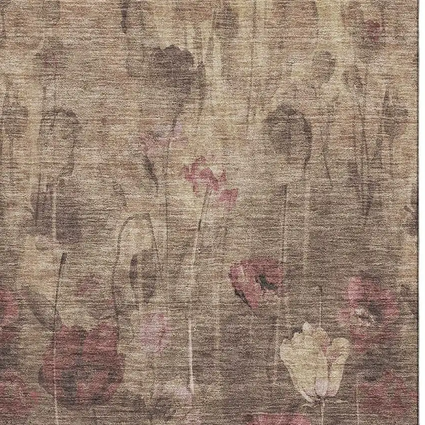 Taupe Pink And Beige Floral Washable Area Rug With UV Protection Photo 2