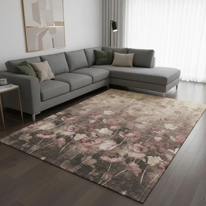 Taupe Pink And Beige Floral Washable Area Rug With UV Protection Photo 2